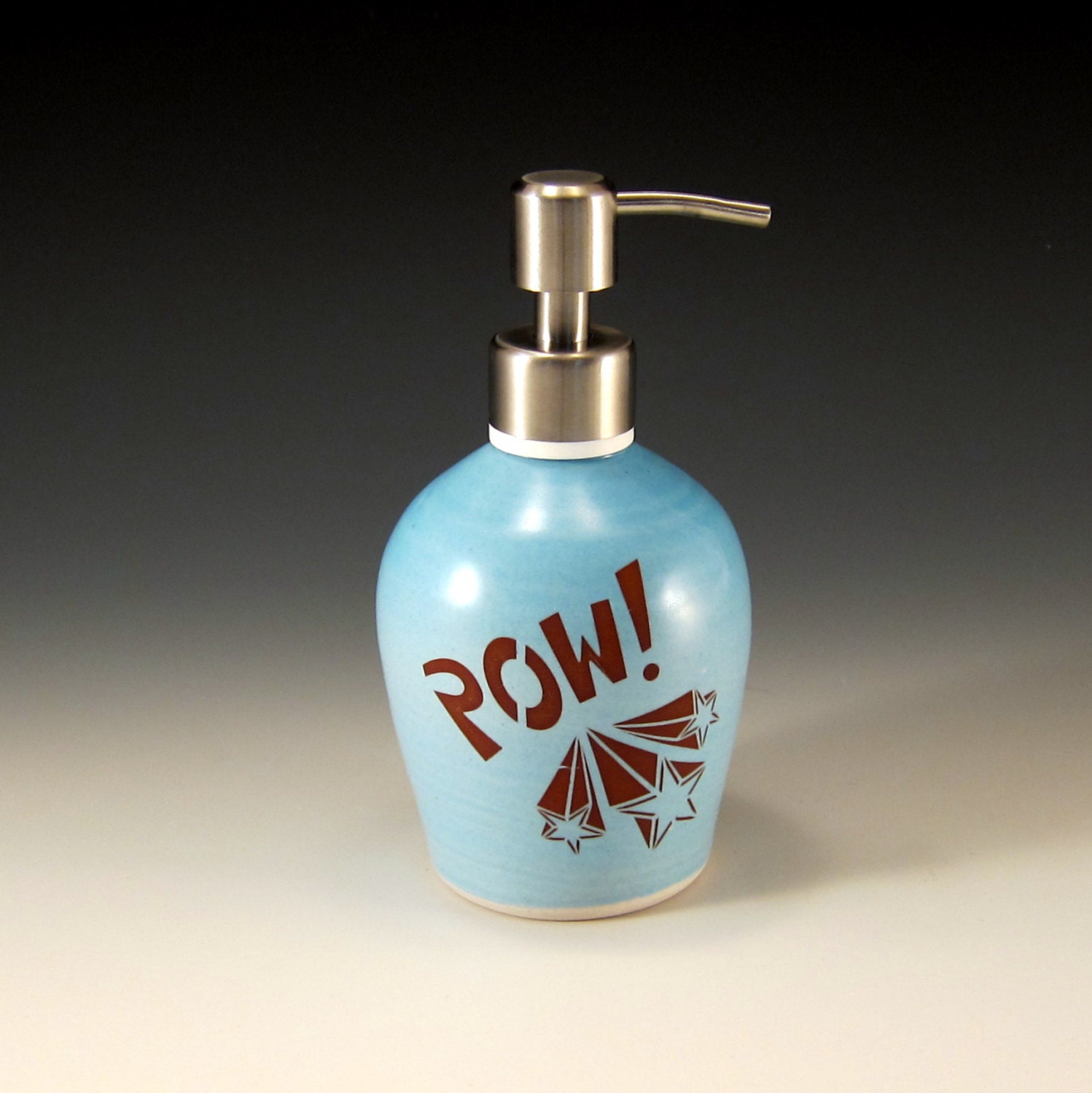 Porcelain soap dispenser - brushed nickel pump - blue glaze - POW BLAM