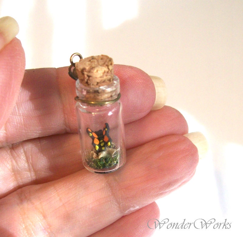 Very Mini Glass Bottle Terrarium with Handmade Micro-Mini Painted Butterfly on Real Moss
