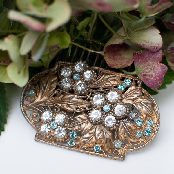 Art Deco Gold Patina with Blue anjd Clear Rhinestone Hair Comb