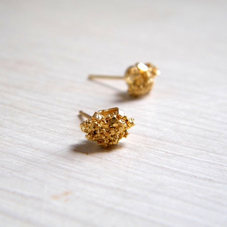 Gold Nugget Earrings, Raw Pyrite Earrings, Raw Gemstone Earrings, Gold Post Earrings