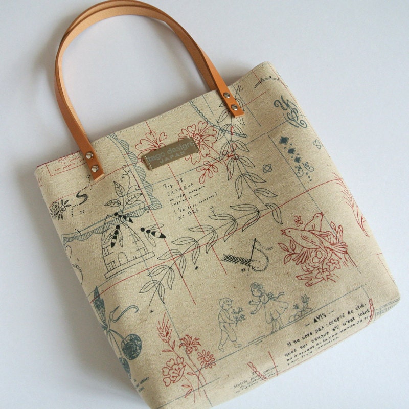 Canvas mini tote bag, Half linen Bird and flower in off-white, Red inner