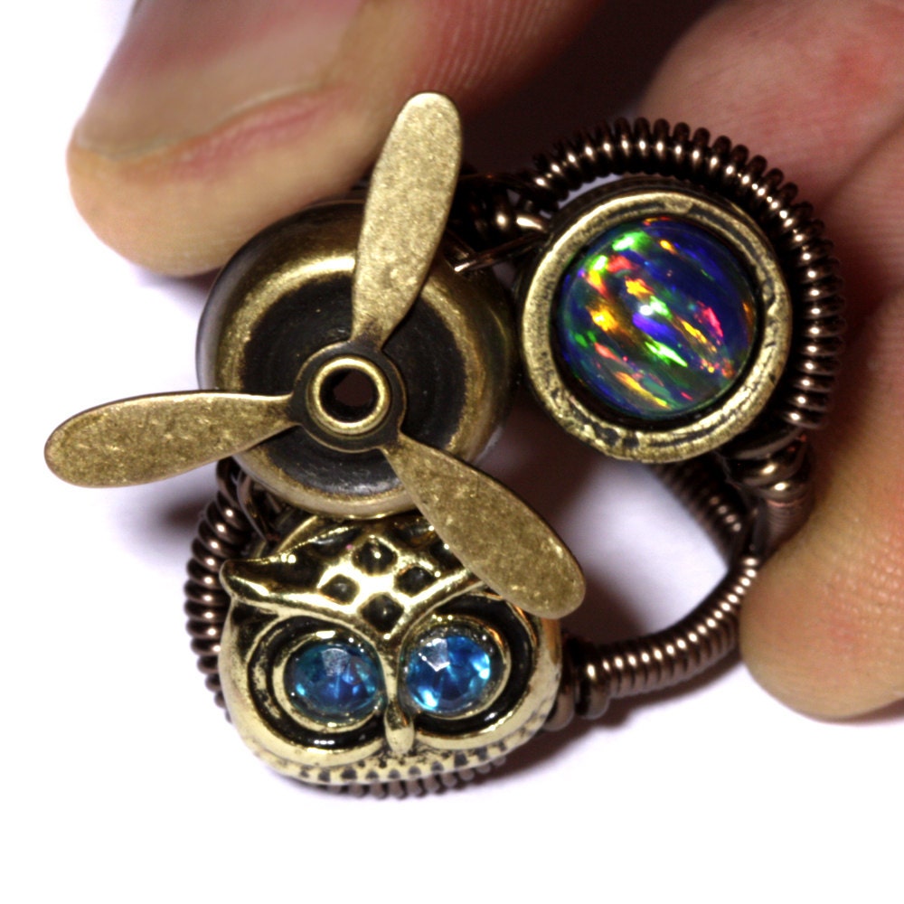 Airship Pirate Steampunk Ring - Owl -  lab Opal - Brass Propeller - SIZE 11.5 ONLY