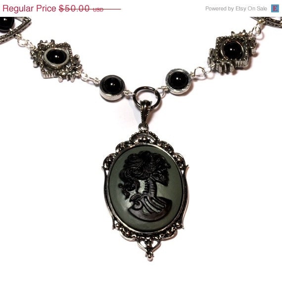 SteamGoth Jewelry - Necklace - Grey and Black Skeleton Lolita portrait Cameo - CatherinetteRings