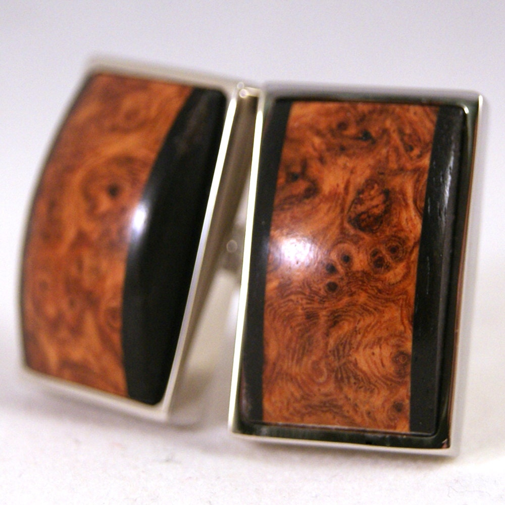 Wooden Cufflinks - Amboyna Burl with Ebony Accents in Sterling Silver Bezel cuff links (CL-552)