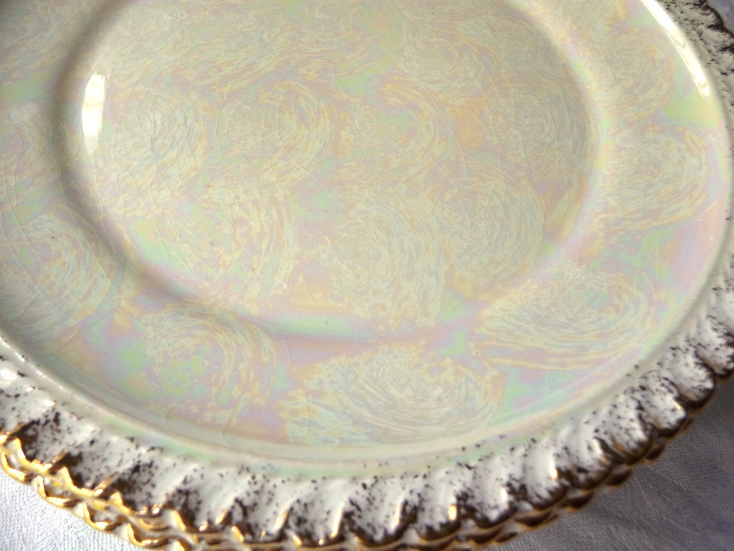 7 Iridescent Cake Plates - Pearl China Co - Cream 22K Gold Gilt Trim Fluted Ruffle Edge - Pearlized Dessert Set - Shabby Cottage Chic