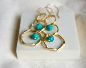 Gold hoop and natural turquoise dangle EARRINGS