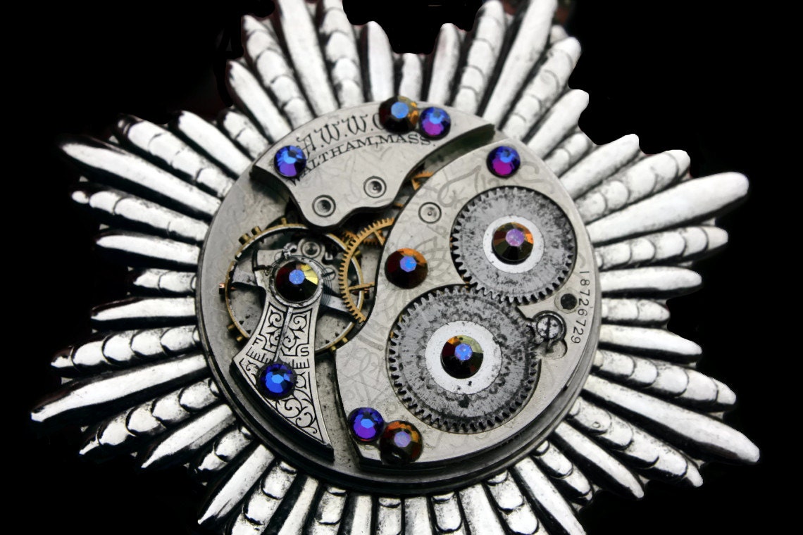 Steampunk Necklace- Industrial Wedding- Luxury Statement- Silver Clockwork- Vintage Watch Movement- Swarovski- Filigree- tasherajean- SPN29