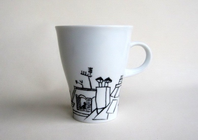 Black and White Cat on rooftop -  Handpainted Porcelain  Mug