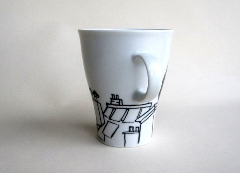 Black and White Cat on rooftop -  Handpainted Porcelain  Mug