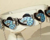 Margot de Taxco Bracelet Sterling Vintage 50s Champleve Enameled Swirl Turquoise Blue Black