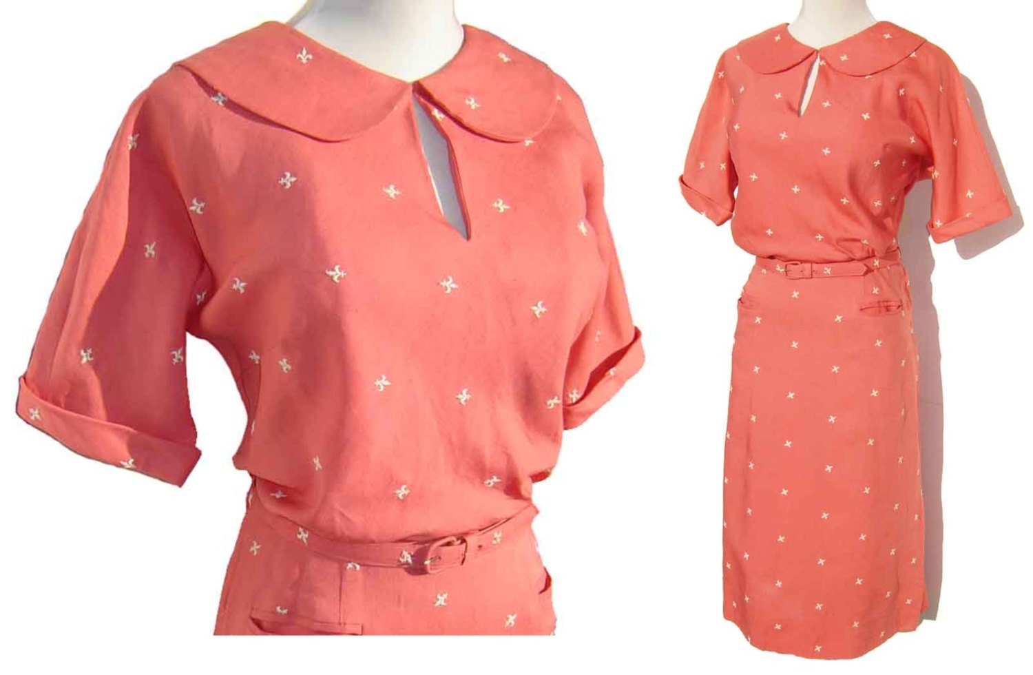Vintage 50s Dress Pink White Embroidered Fleur de Lis Sheath Peck & Peck M