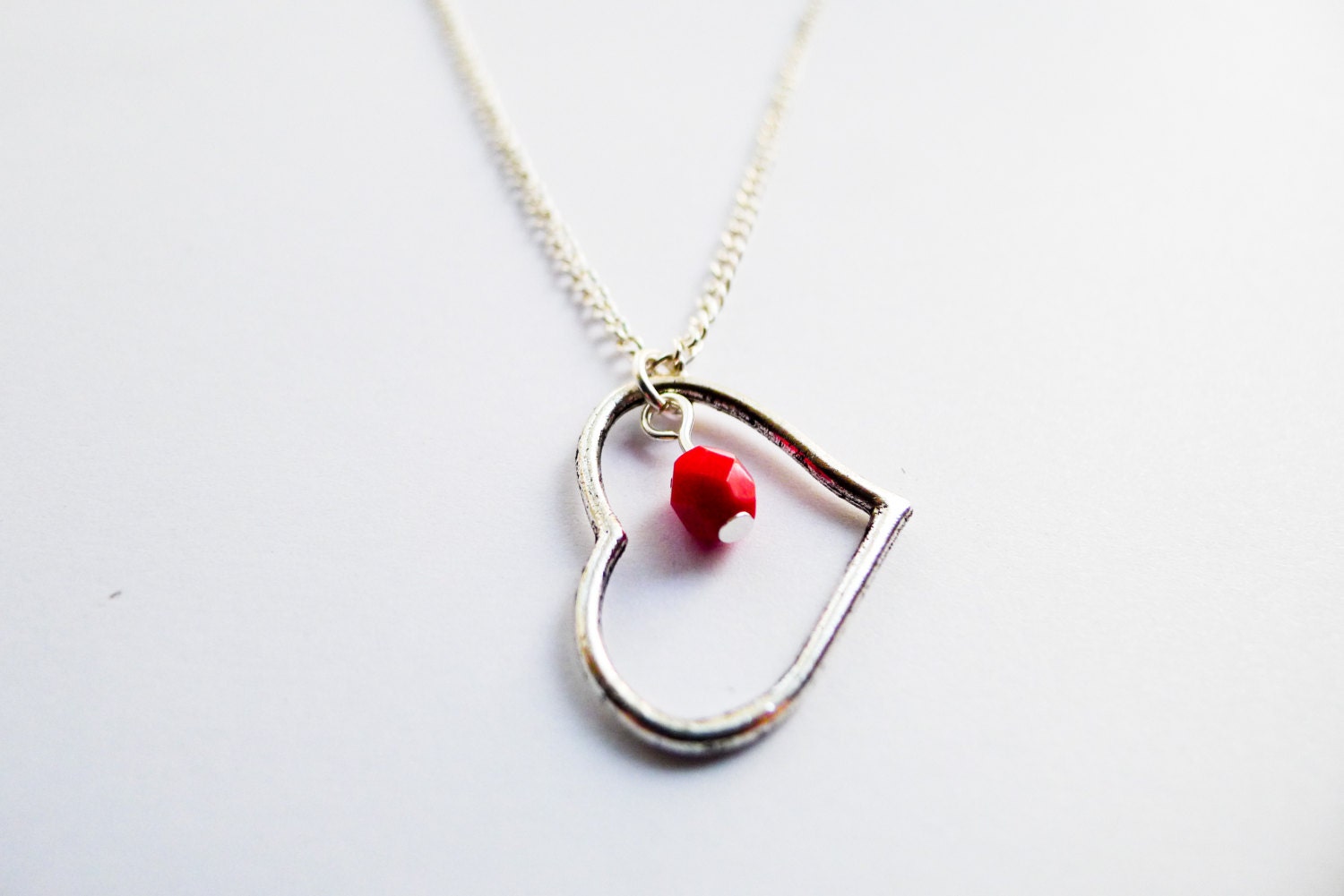 XOXO Silver Heart Necklace with Red Bead Charm, Chain, Open Heart, Love, Wedding, Gift, Valentine's Day