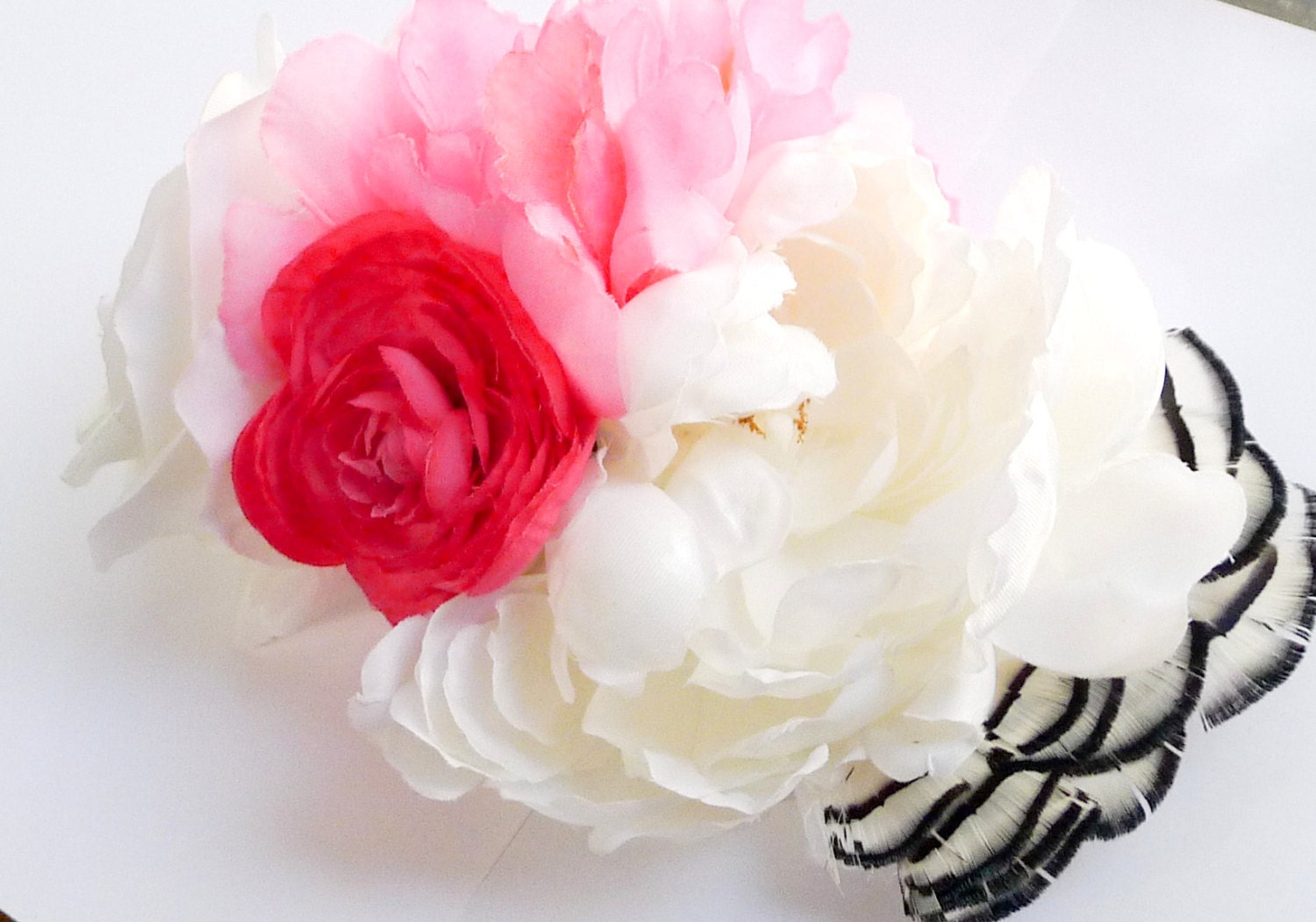 Macaron Raspberry, Pink, White, & Black Peony Hair Clip, Fascinator, Rose, Feathers, Striped, Wedding, Bridal, Parisian, Colorful, Glam Love