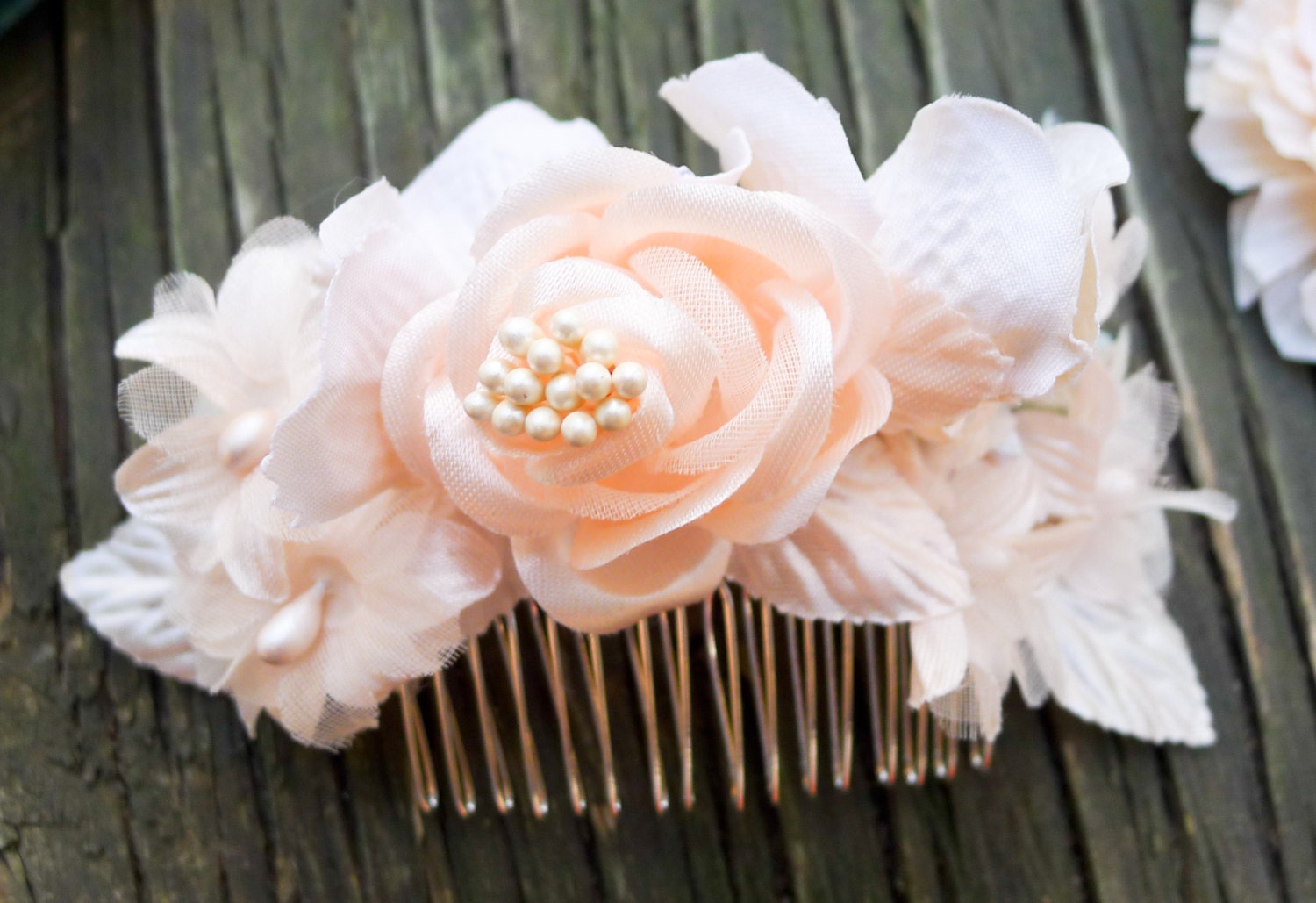 Flora Garden Peach Hair Flower Comb- Weddings- Bride- Bridesmaid- Gift, Mint, Elegant, Pearls, Blush, Romantic, Coral