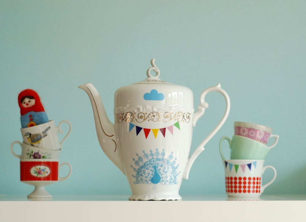 SECONDS SALE Very large peacock, birds and bunting teapot