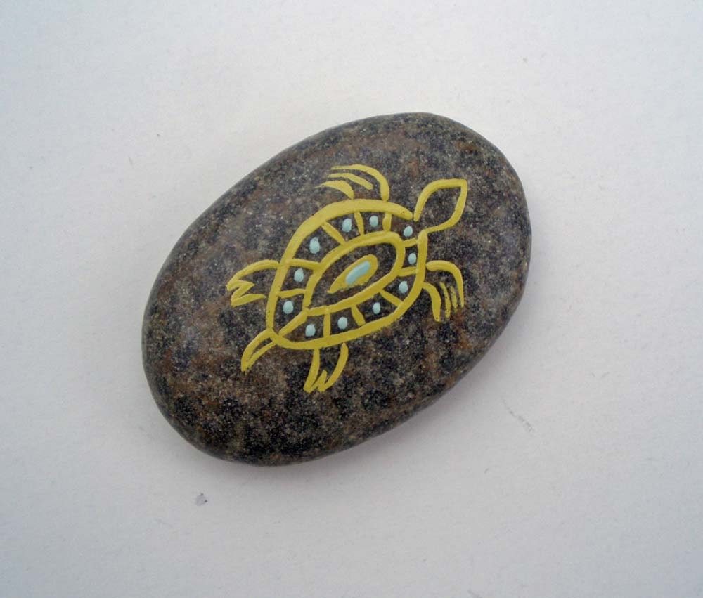 Turtle Pocket Rock Hand Painted on Water Worn Stone
