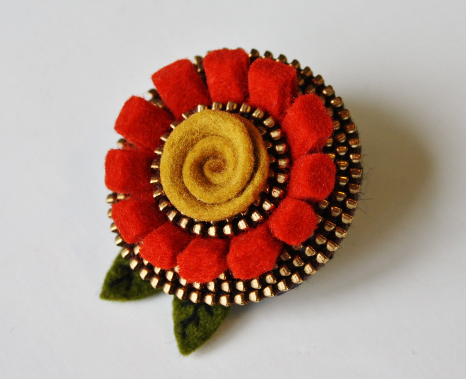 Merino wool felt flower and zipper  brooch