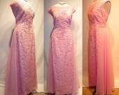 1960's PINK Sequin Beaded Chiffon Sashes Cocktail Dress Vintage 50's 60's Ann's Vogue Shop Couture Party Dress Gown XXL Rare Plus Size