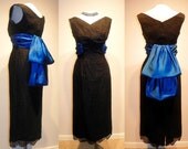 1950's Black Floral Lace Sapphire Blue SATIN Bombshell Wiggle Dress Vintage 50's Back Bustle Vixen Couture Party Designer Cocktail Dress