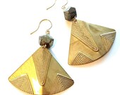 Geometric Metallic Iron Pyrite Gemstone Nugget Earrings Deco Brass Fans, Simple Modern Fashion Earrings