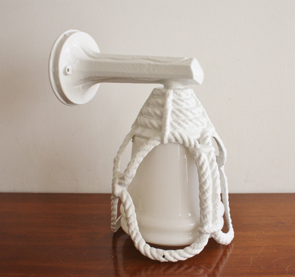 Vintage white rope outdoor wall sconce, nautical fixture