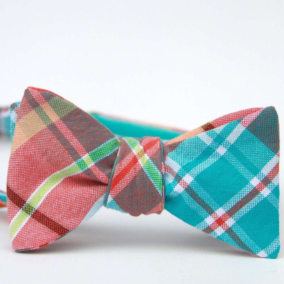 orange & turquoise plaid freestyle bow tie