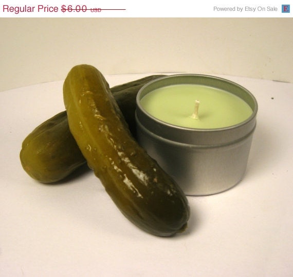 ON SALE Dill Pickle Candle, Soy Candle, Pickle, 4 oz , Travel Tin, Dark Green Soy Candle