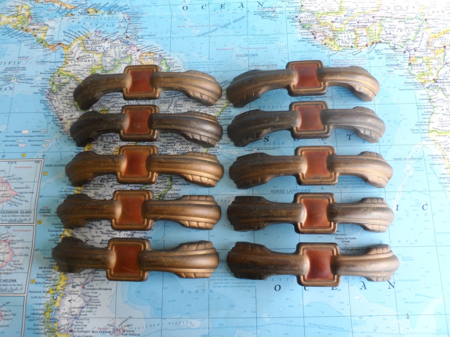 10 vintage Art Deco curvy metal handles with amber centers includes hardware