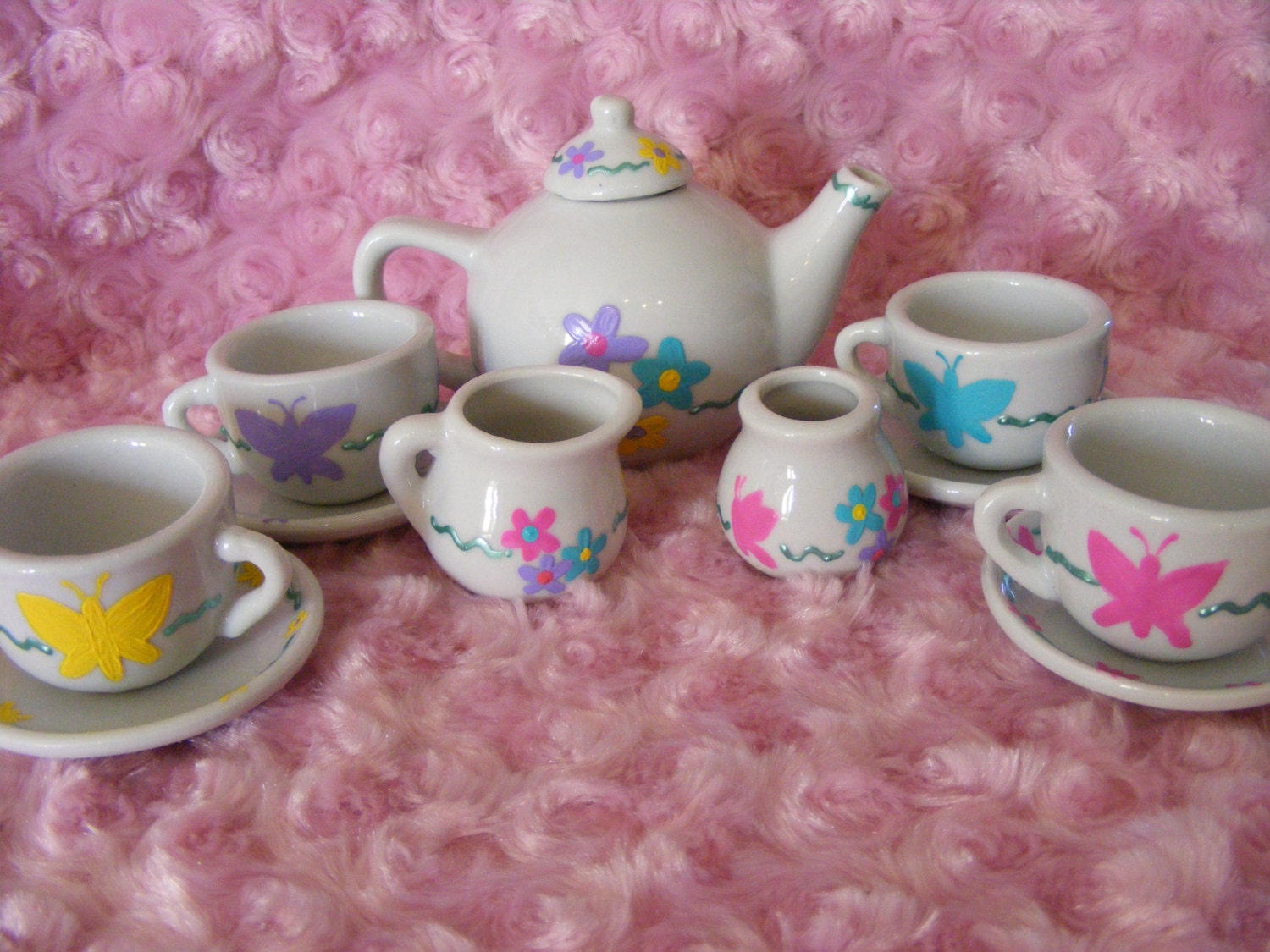 Flowers and butterflies, hand painted ceramic children's tea set