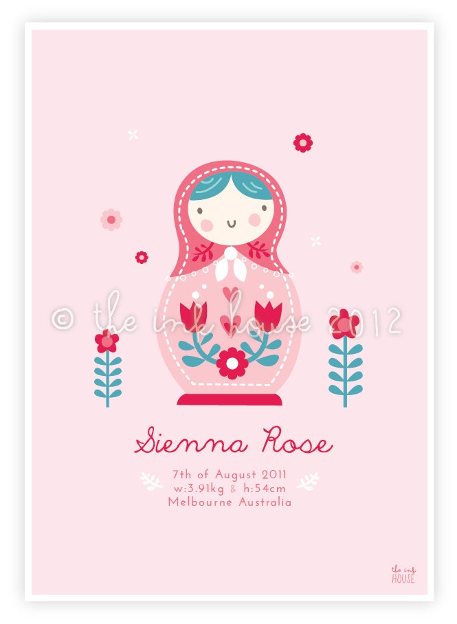 SWEET BABUSHKA Birth Print - Personalised announcement baby girl wall art nursery room decor pink red blue christening gift keepsake