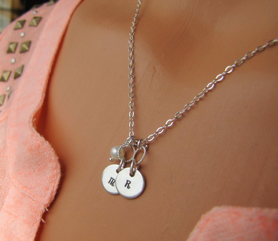Personalized Initial Necklace With Pearl, Two Initials, Couple, Children, Monogram,  Initials, Hand Stamped, Tag, Disk,