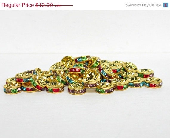 50% OFF SALE 50 pcs Multi Color Gold Rhinestone Rondelles, 10mm Rondelles
