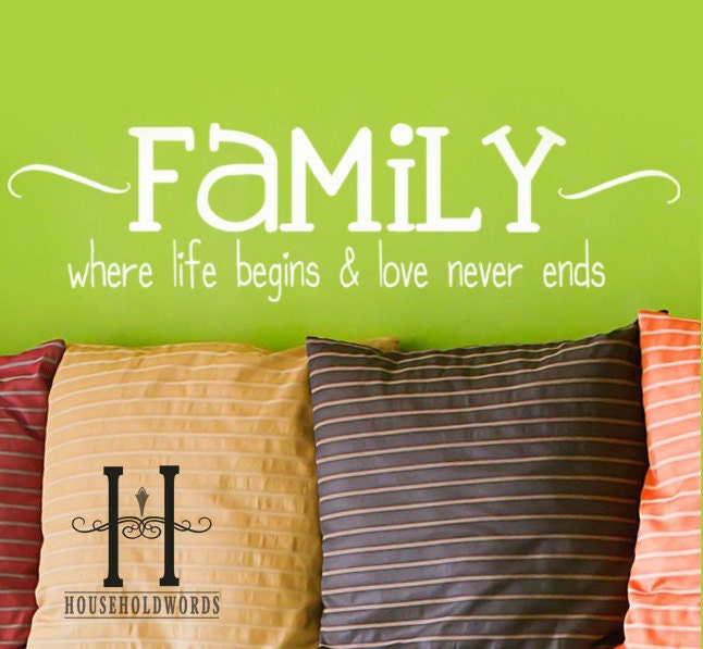 Family Wall Decal Quote Words Where Life Begins and Love Never Ends cute, fun, chic, posh, modern decor