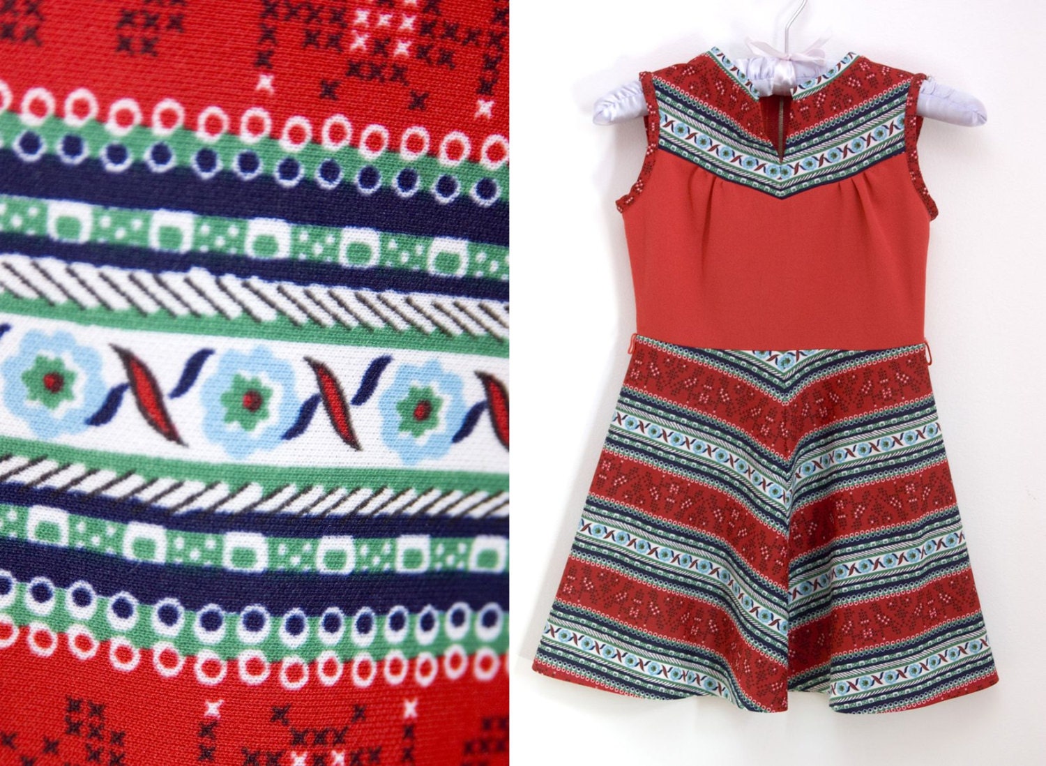 Vintage Childs Dress Red Retro Sun Dress Folk Style 1970s Age 6-7 Years