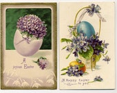 Pair Of Vintage Easter Postcards With Eggs - Floral - 1908 - VintageVendor