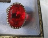 VINTAGE Silver Metal & Large Faceted Red Glass Stone Costume Jewelry Ring
