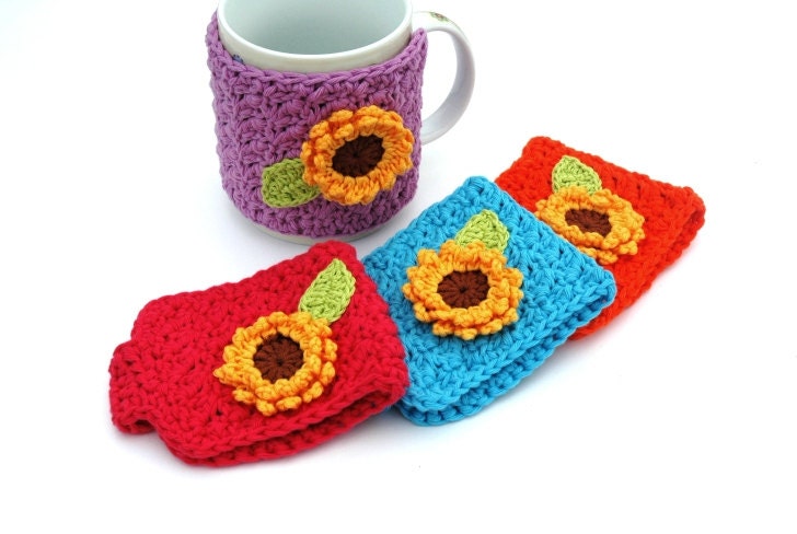 Crochet Cup Tea Coffee Mug Cosy with Sunflower