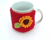 Crochet Cup Tea Coffee Mug Pink Cosy with Sunflower