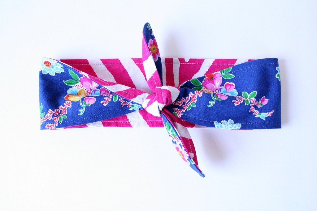 Reversible Bandana Style Tie Up Hairscarf Headband Headwrap Blue Floral Retro Style Zebra Pink Stripe Sis Boom