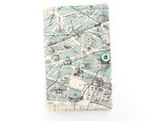 Passport Cover Paris Map Sleeve Notepad Holder Grey Blue White Polka Dots Vintage Button Black