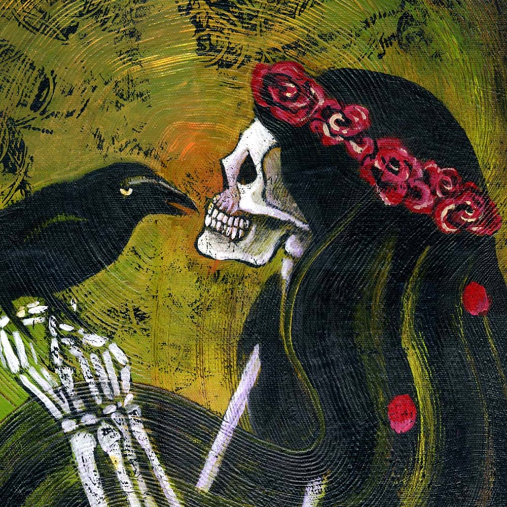 Raven's Kiss, Print on wood  5" x 6" from original  Painting by Christina Colwell, Modern Contemporary Folk Art