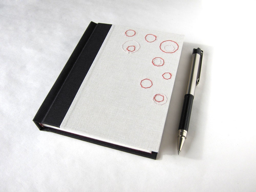 Handmade Journal - Abstract Circles Embroidered Design - Black White Pink - Unlined