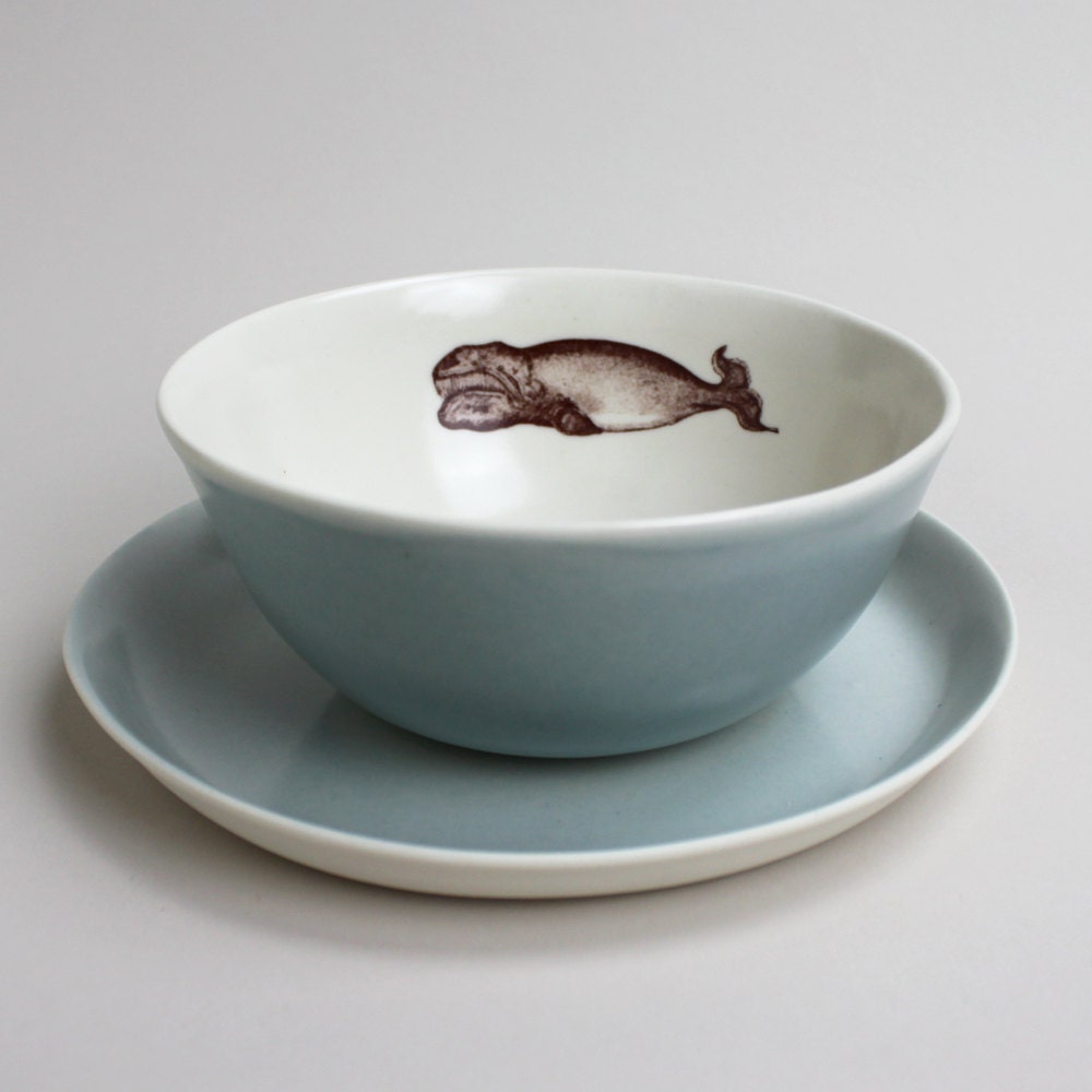 good morning breakfast set, rustic bowl and plate with whale, in ocean blue