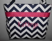 NEW ....CHEVRON  in NaVY ..  Hot Pink  Accents  ...   Diaper Bag .... TOTE .. Bottle Pockets ... Monogrammed  FReE