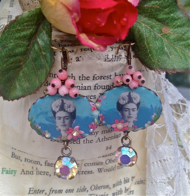 Lilygrace Blue and Pink Frida  Cameo Earrings with Vintage Rhinestones and Freshwater Pearls