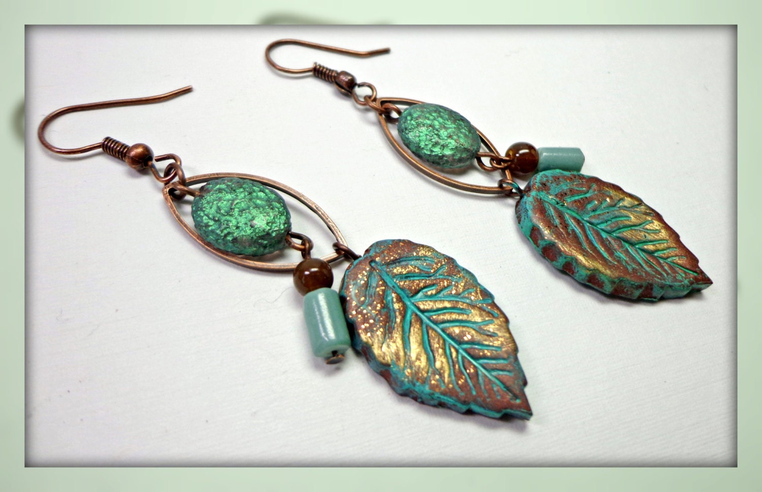 polymer clay Copper Metal Patina Leaf Dangle Earrings