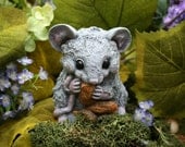 Fairy Garden Mouse Statue - Concrete Rat / Mouse Eating Peanuts