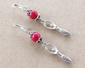 Goddess and Red Bead Earrings 925 Silver Earwires Pagan Wiccan
