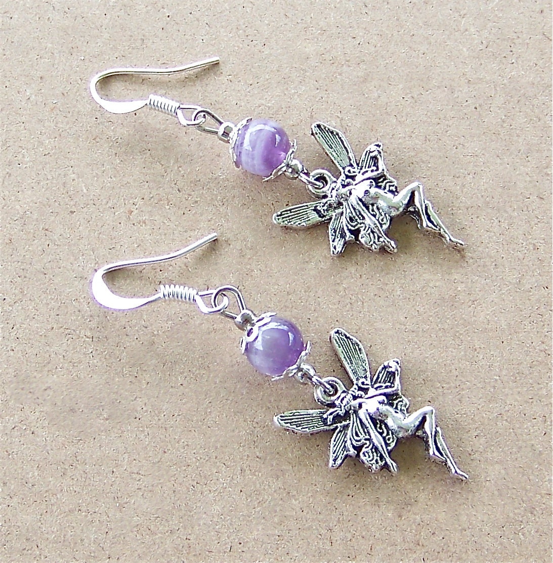 Art Nouveau Silver Fairy Earrings Purple Swirl Glass Beads & Sterling Silver Earwires