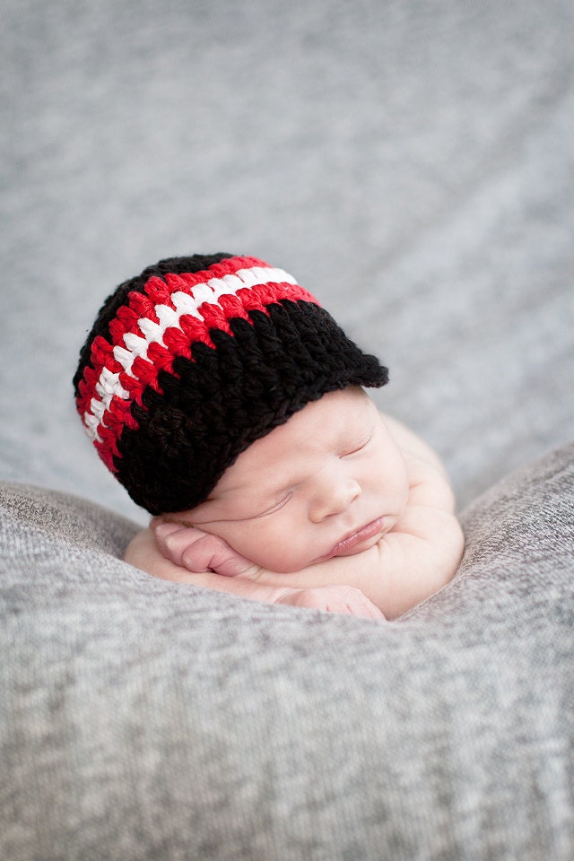 HALF OFF Today ONLY Baby Boys Hat, 0 to 3 Month Baby Boys Striped Visor Beanie Baby Boys Hat - Black, Red, White Baby Hat for Baby Boys